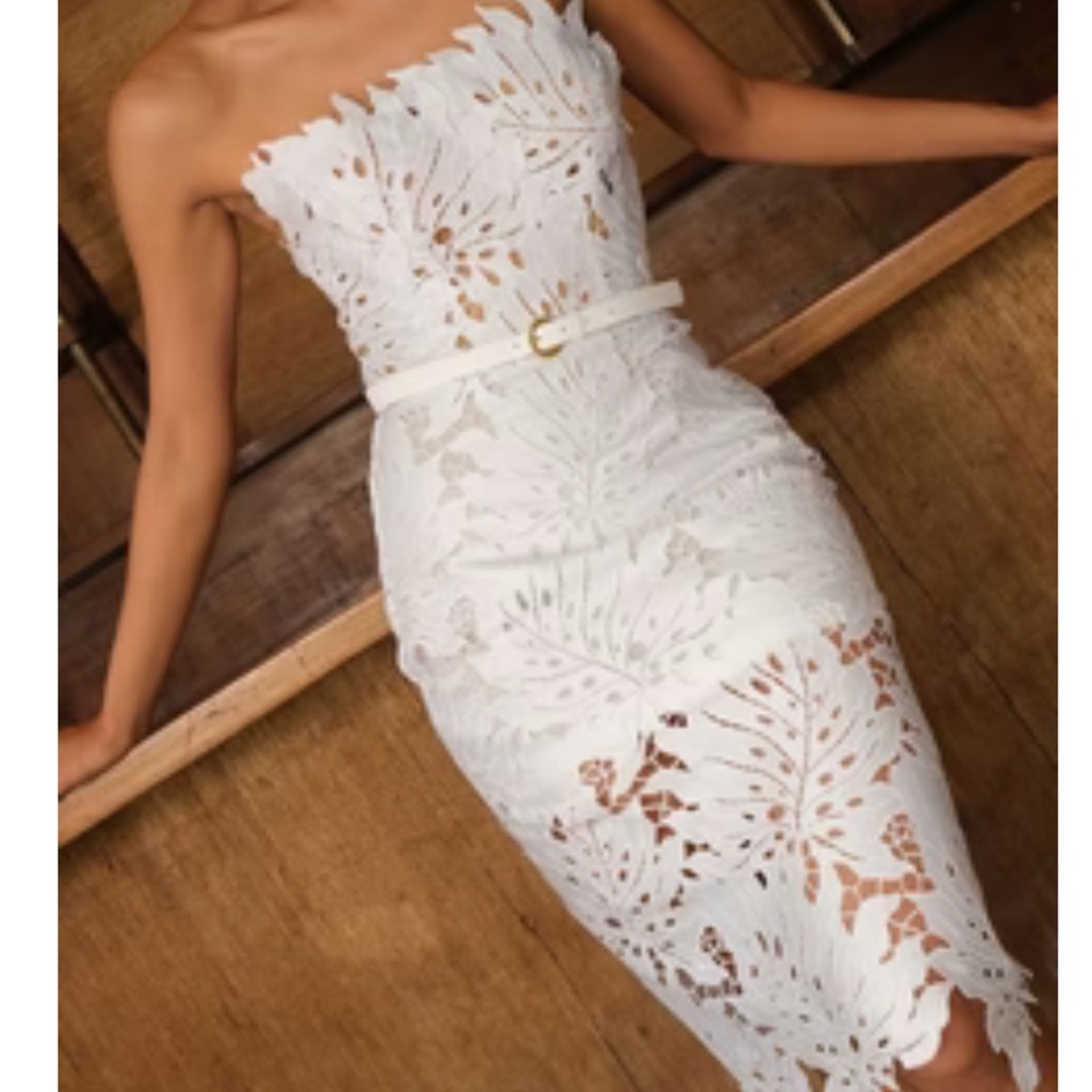 Monstera strapless white midi dress